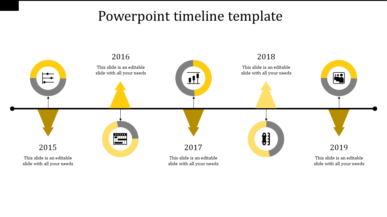 Yellow themed timeline slide with circles and arrows highlighting years 2015 to 2019 along a black horizontal line.
