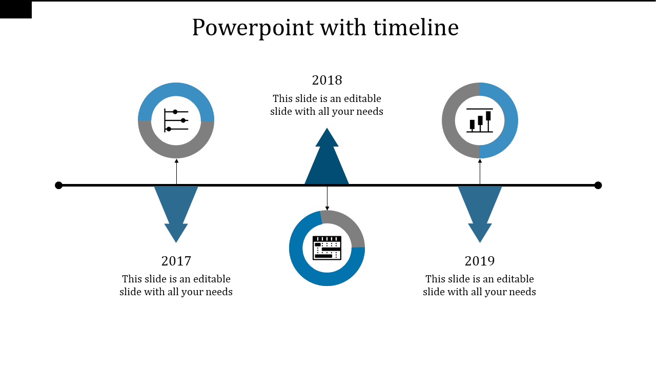 A timeline PowerPoint slide with arrows indicating the years 2017, 2018, and 2019, featuring placeholder text and icons.
