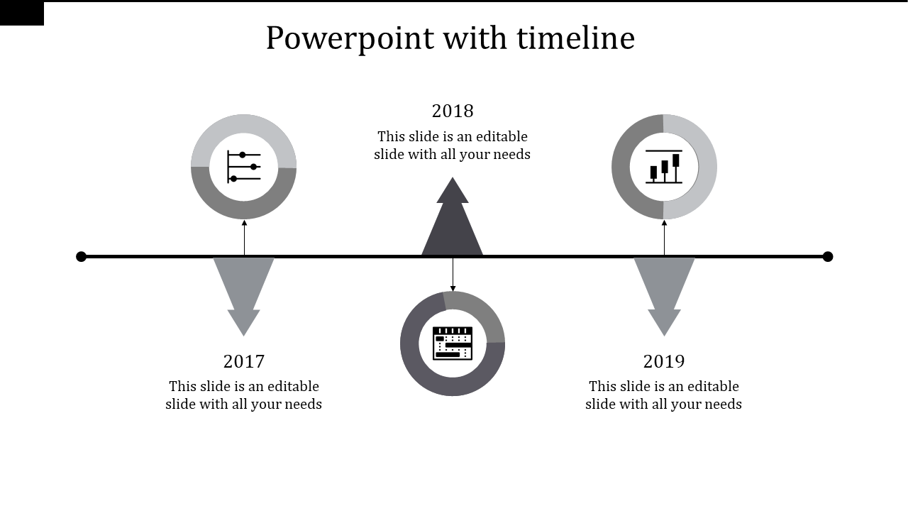 Timeline infographic with gray circular icons connected to labeled years, featuring arrows pointing up and down.