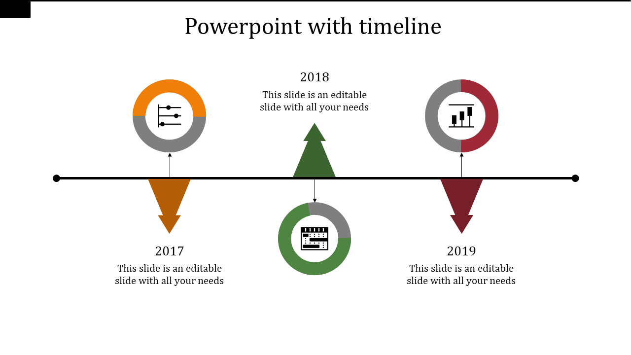 Timeline PPT slide with arrows for 2017, 2018, and 2019, each year marked with corresponding icons.