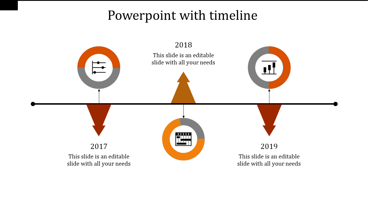 Minimalist timeline diagram displaying three years with circular icons, orange arrows, and a black connecting line.