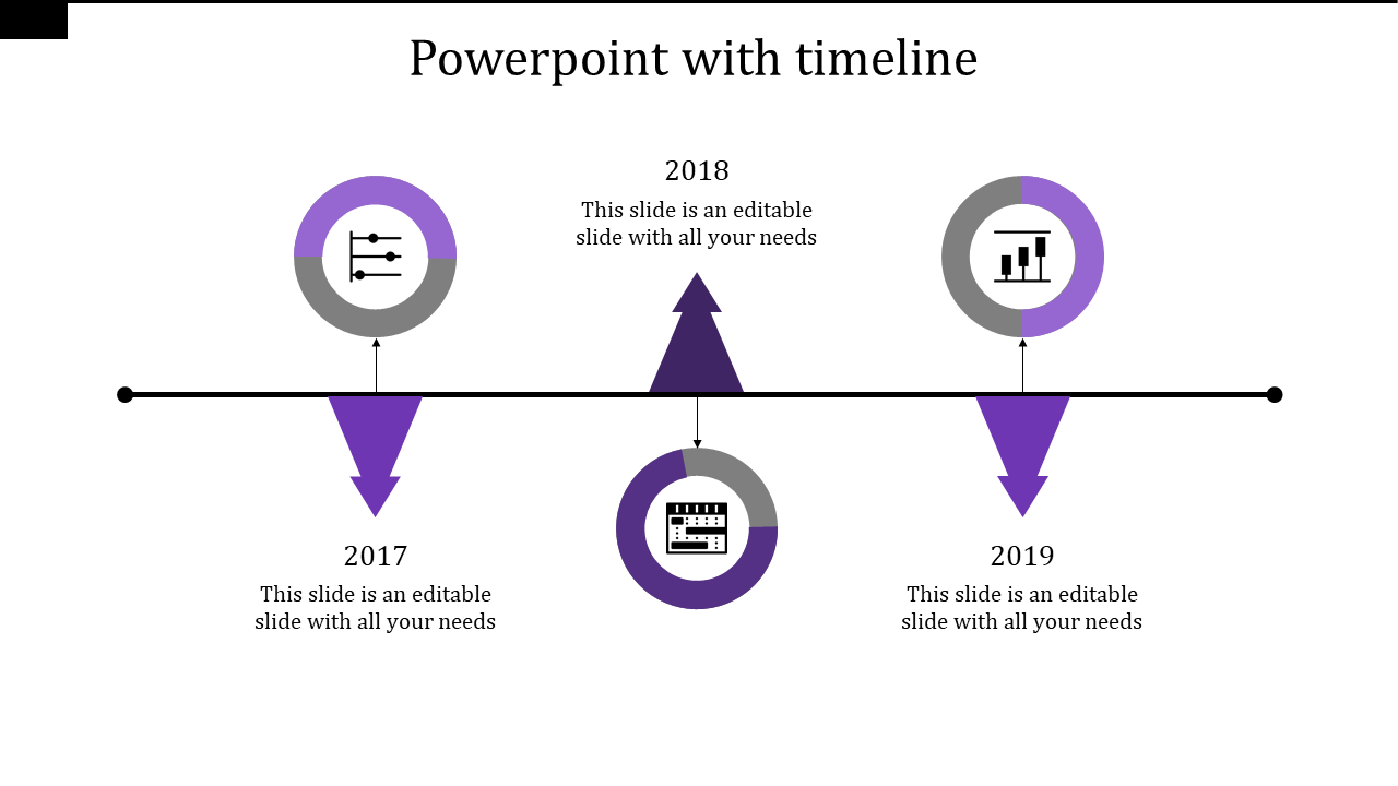 Horizontal timeline with circular icons, purple arrows, and text for years 2017, 2018, and 2019 on a white background.