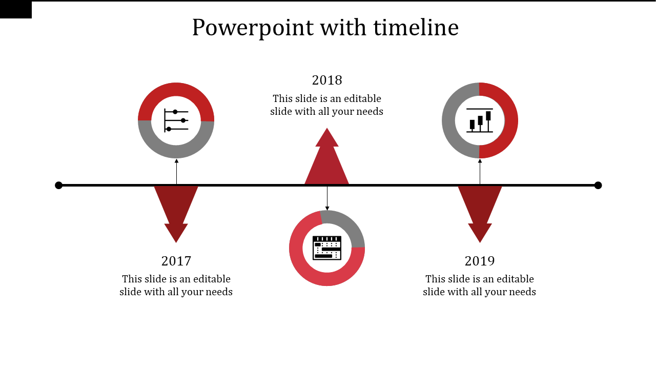 Timeline PPT slide with the years 2017, 2018, and 2019, each marked with arrows and icons with placeholder text.