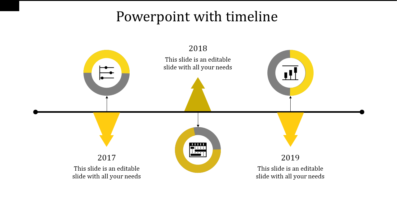 Minimalist timeline diagram displaying three years with circular icons, yellow arrows, and a black connecting line.