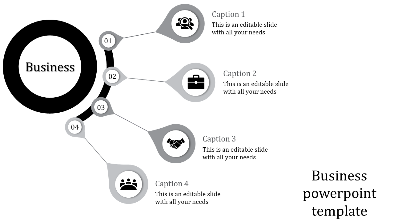 Business PPT template featuring four sections with icons for people, briefcase, handshake, and group with captions.