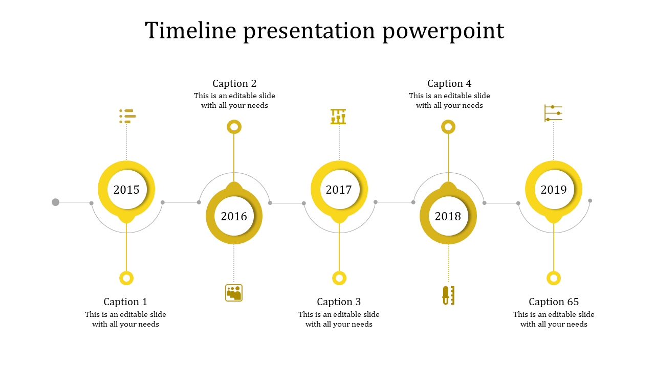 A timeline PowerPoint template with key years on a yellow circle 2015, 2016, 2017, 2018, and 2019, with captions and icons.