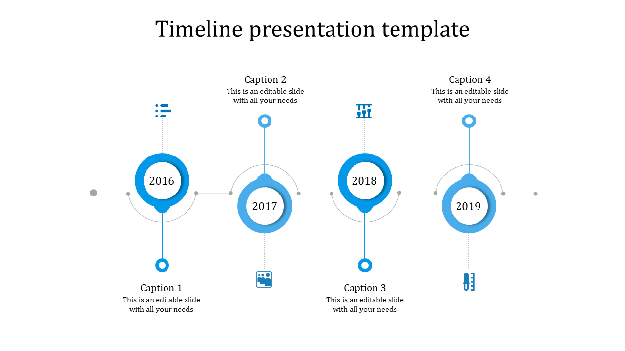 Timeline slide in blue theme featuring four milestones with year markers and associated text and icons.