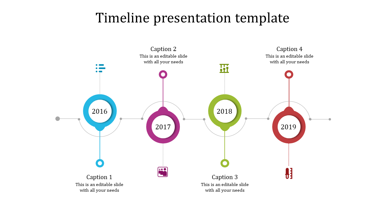 A timeline PowerPoint slide with the years 2016 to 2019, each accompanied by a colorful icon and captions.