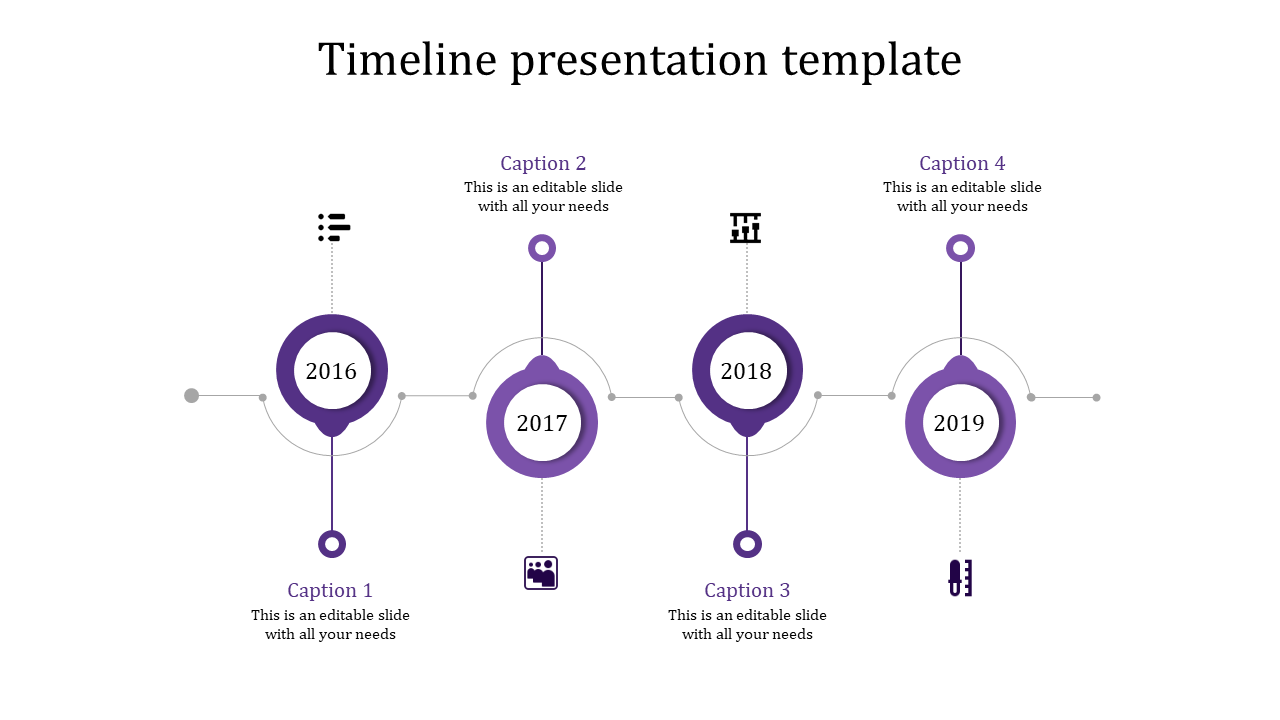 A timeline template with years 2016 to 2019 and accompanying purple icons for each year, with caption placeholders.