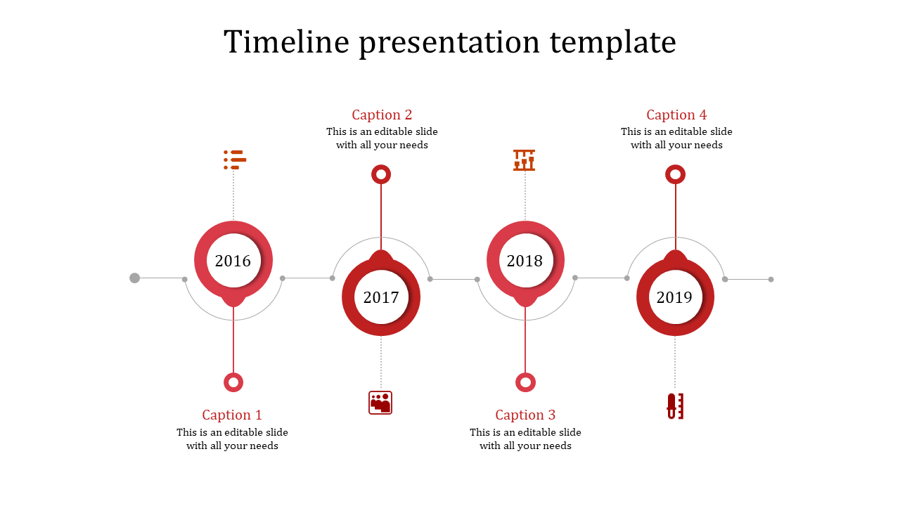 Four stage red timeline featuring circular nodes for 2016, 2017, 2018, and 2019 connected by dotted paths.