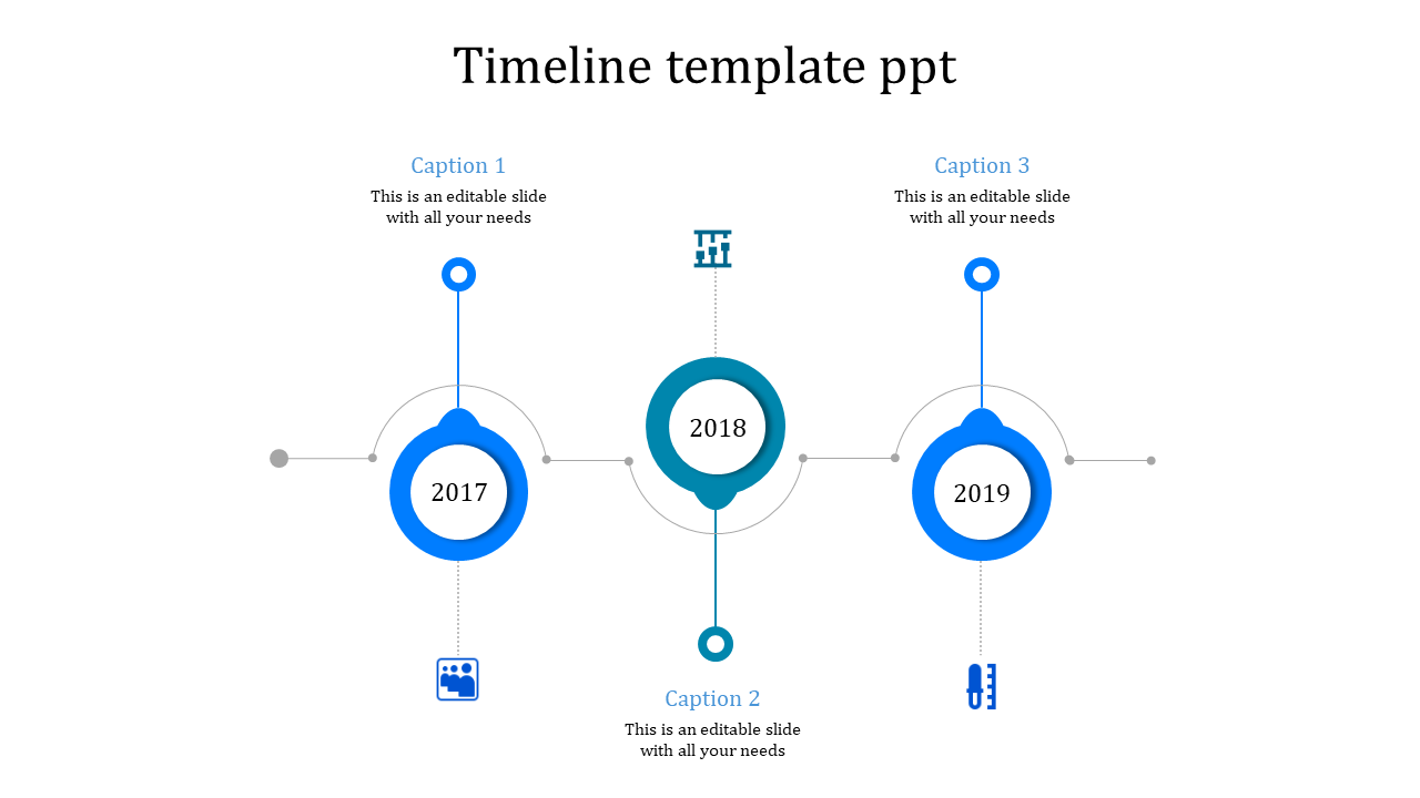 A blue timeline PowerPoint template from 2017 to 2019 with captions and icons for each year.
