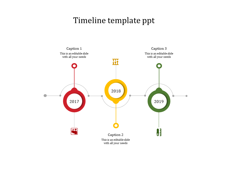 A timeline PPT template spanning 2017 to 2019 with colorful icons and captions.