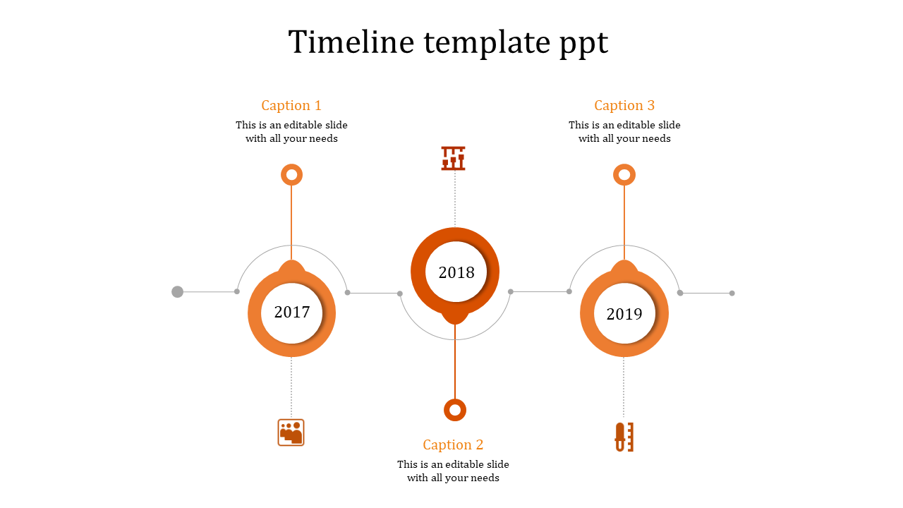 Three orange circular markers for years 2017 to 2019 connected by thin lines with small icons.
