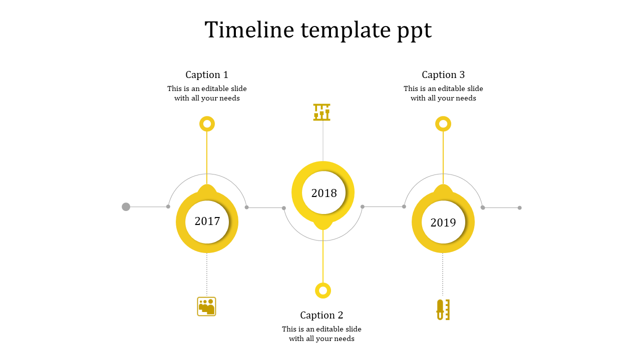 Timeline template with yellow circles highlighting years from 2017 to 2019 and associated icons.