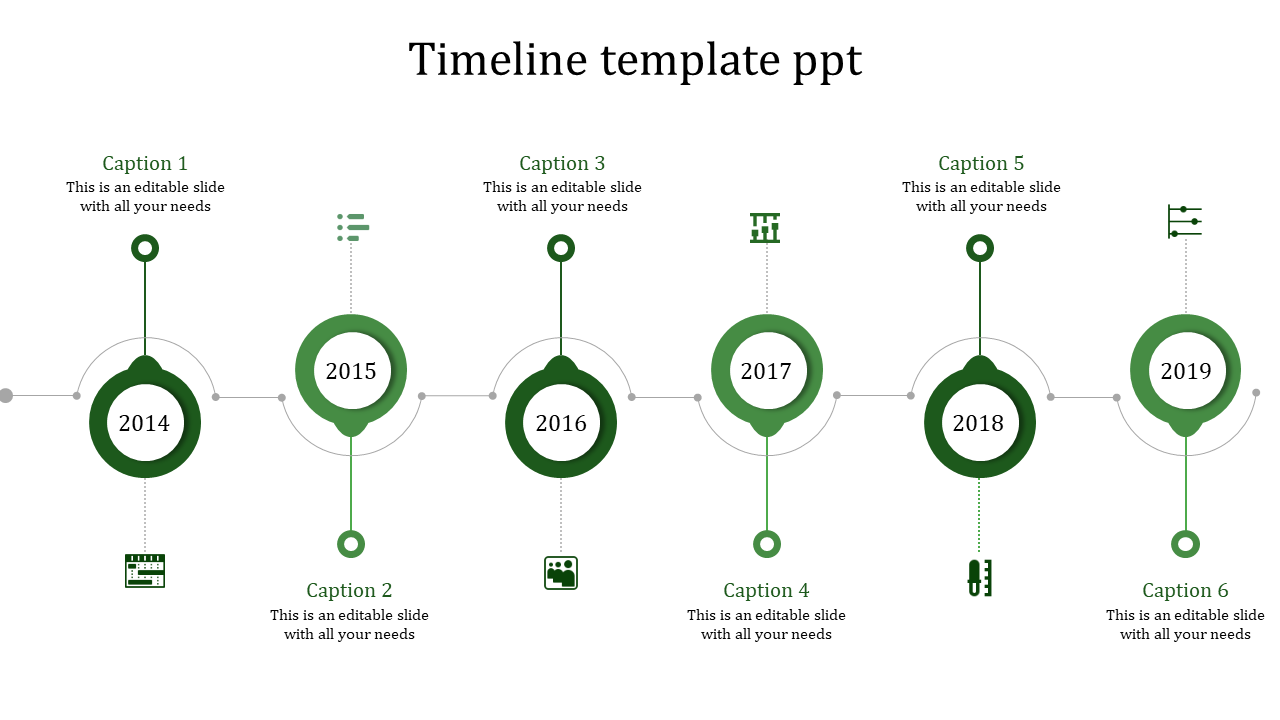 Timeline template in green circles with milestones labeled 2014 to 2019, including captions and icons.