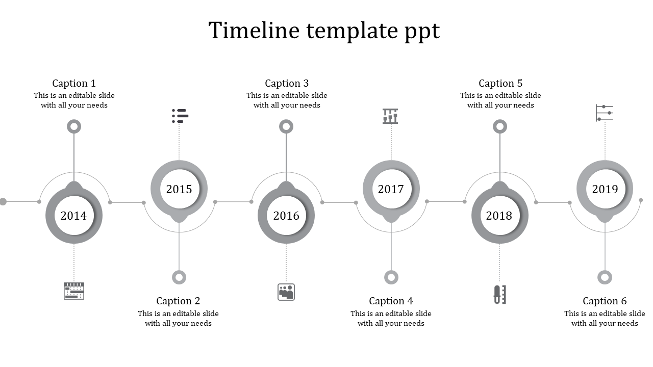 A timeline PowerPoint template from 2014 to 2019 with captions and grey icons for each year.