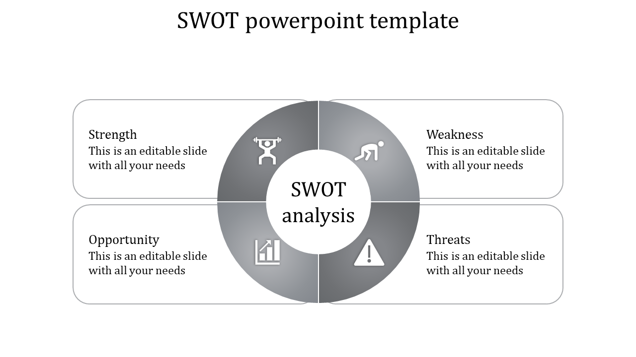 Grayscale SWOT analysis circle divided into four segments with icons for strength, weakness, opportunity, and threats.