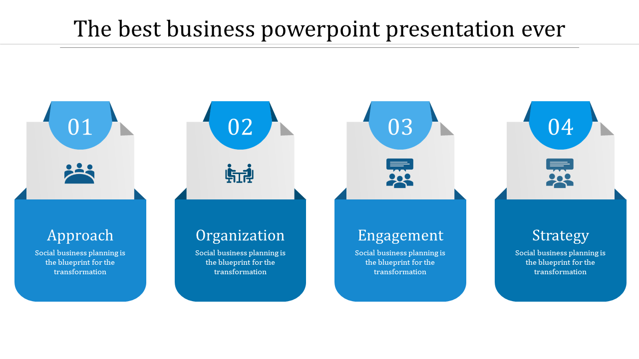 Four step process with blue panels, featuring white headers and icons for business planning on a white background.
