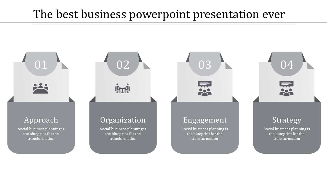 Business slide with four numbered gray panels featuring icons and descriptions for various planning steps.
