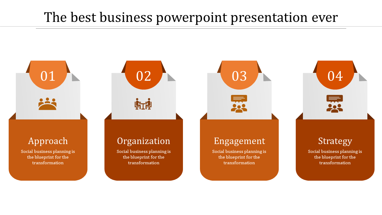 Four step orange infographic showing Approach, Organization, Engagement, and Strategy each with caption areas.
