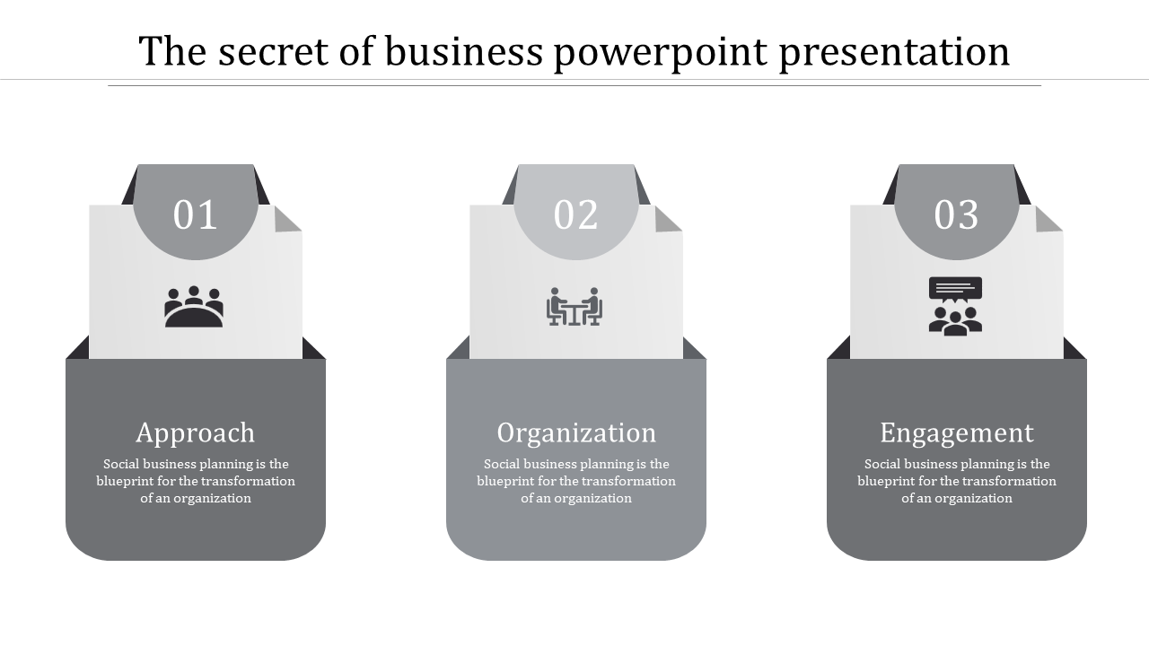 Slide design featuring three numbered gray blocks with icons and descriptions for business processes.