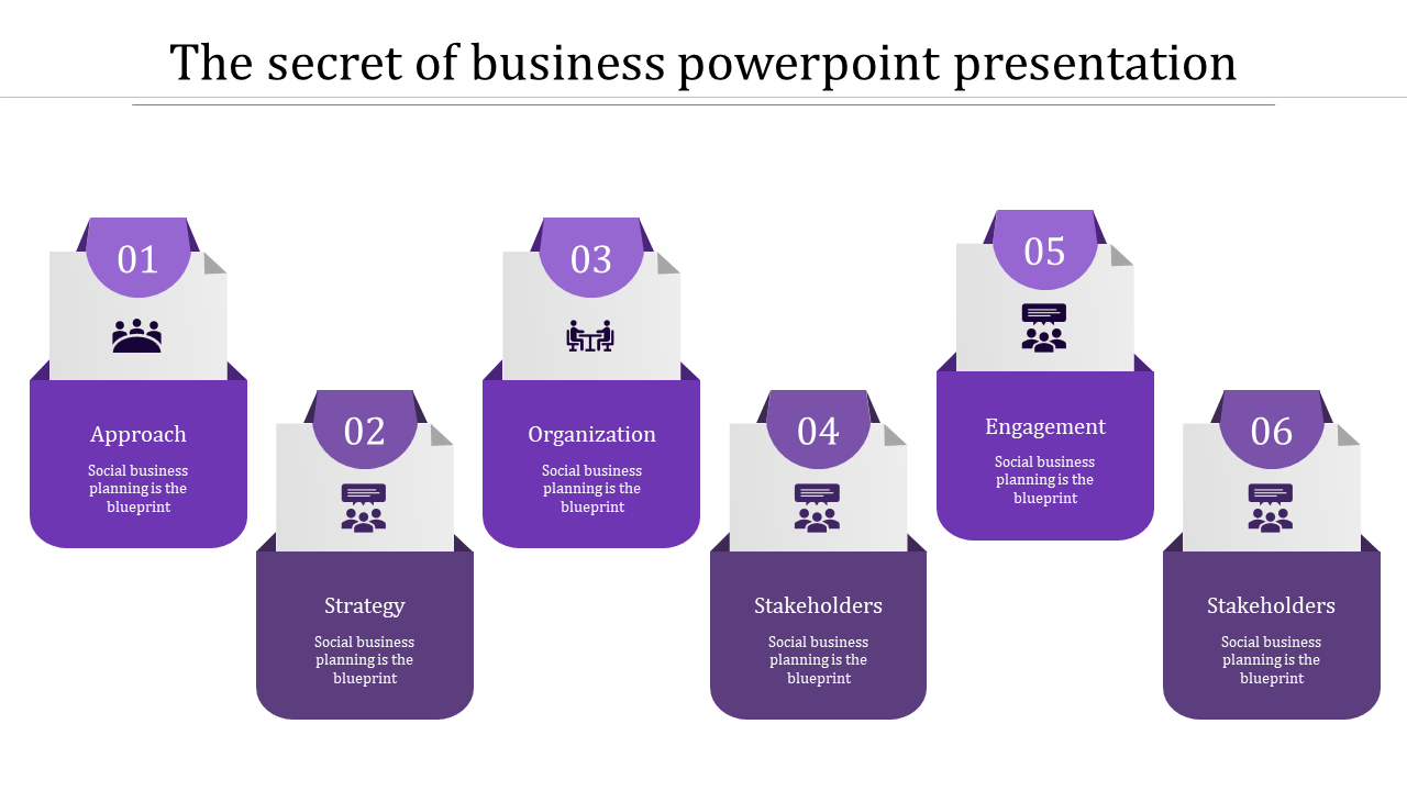 Design showcasing six segments focusing on key business aspects, highlighted in purple with caption areas.