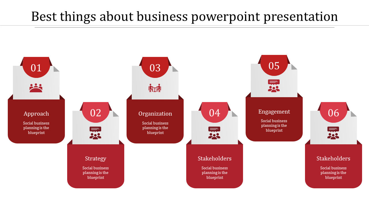 Six red tabs arranged horizontally with numbered headings and icons, depicting key business concepts.