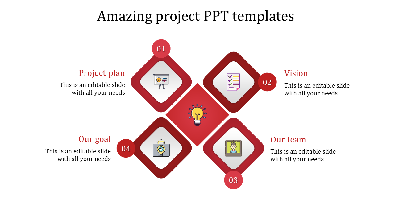 Red diamond shaped project template showing steps for Plan, Vision, Team, and Goal with a central idea icon.