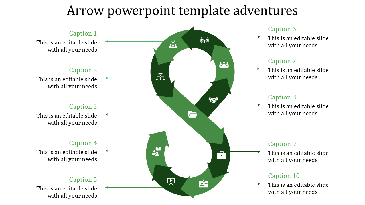 Infinity design in green arrows featuring icons and ten text blocks aligned symmetrically on both sides.