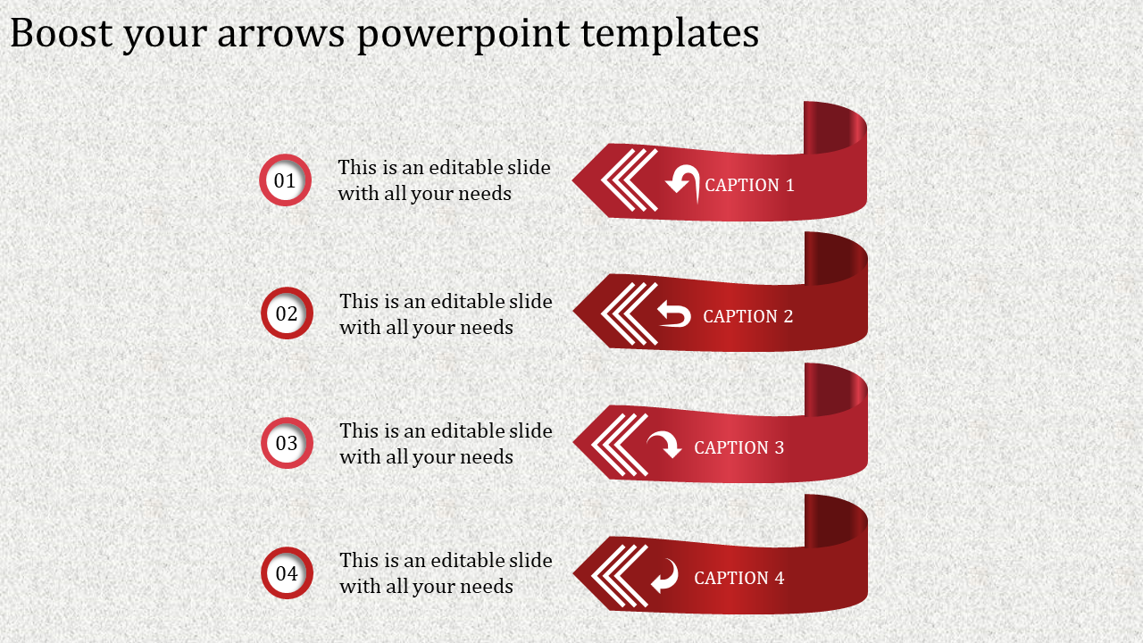 Vertical gradient ribbon arrows with four stages in red, numbered circles on the left placed in a white backdrop.
