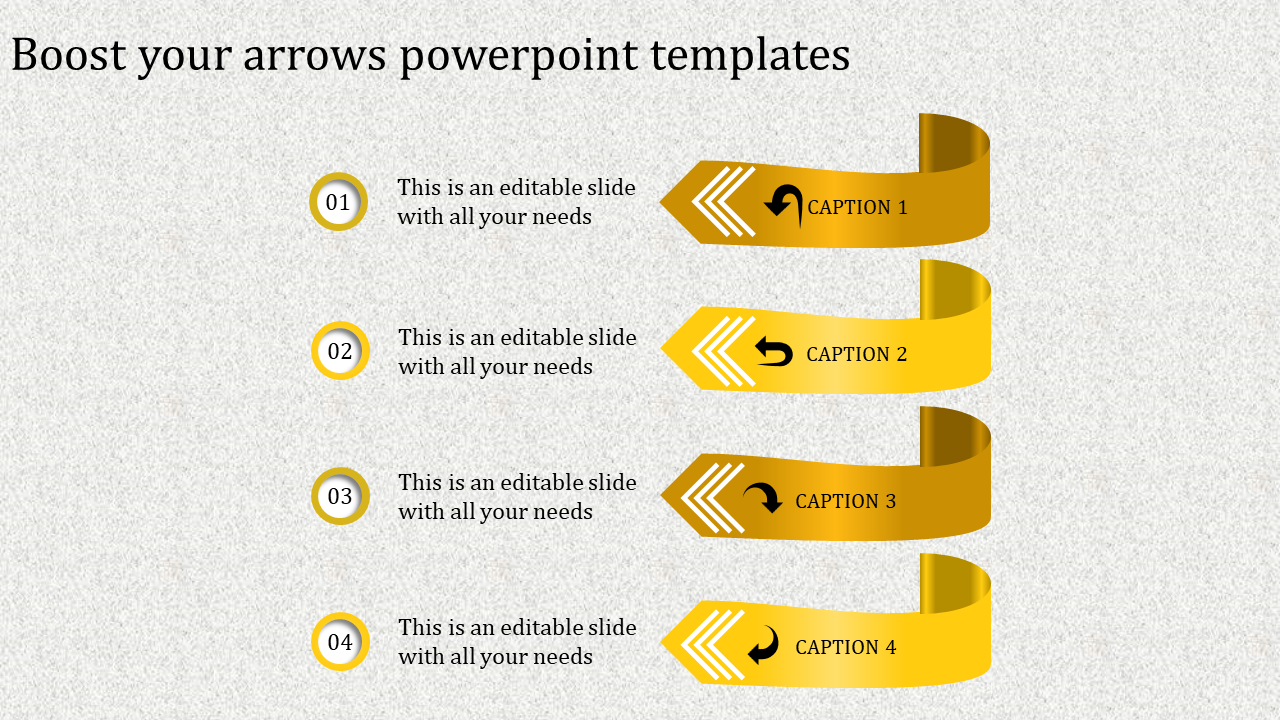 Vertical design of four yellow gradient arrows paired with numbered circles and text blocks on a textured gray background.