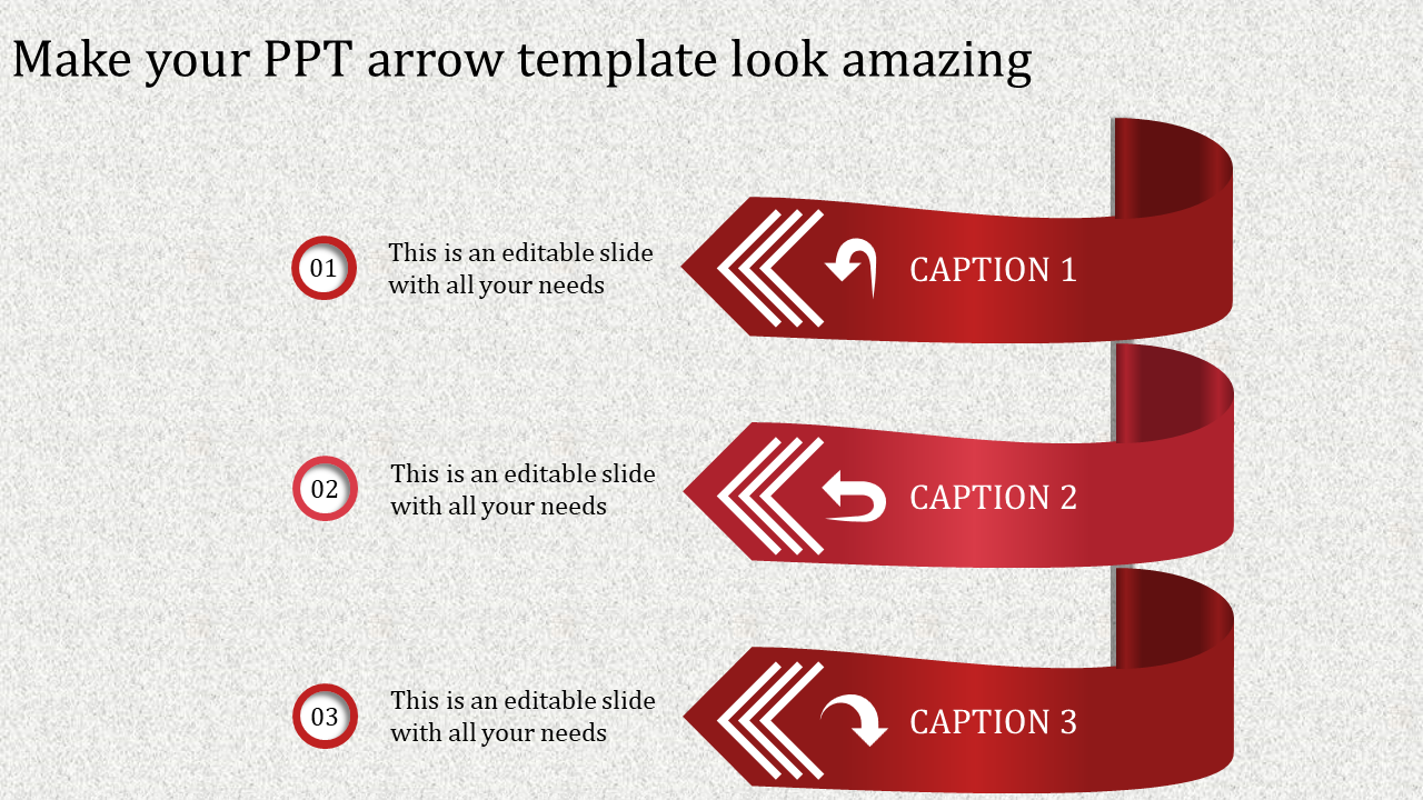 Three red ribbon arrows with numbered circles and placeholder text areas placed in white background.