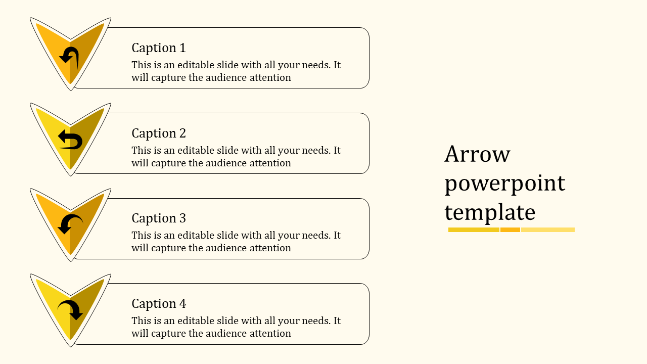 Four yellow arrows with captions and placeholders arranged vertically for descriptions labeled with four captions.