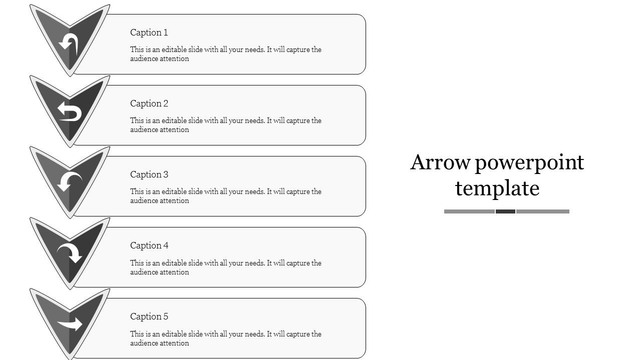 Grey arrow template featuring five downward arrows with circular icons and text boxes for captions.