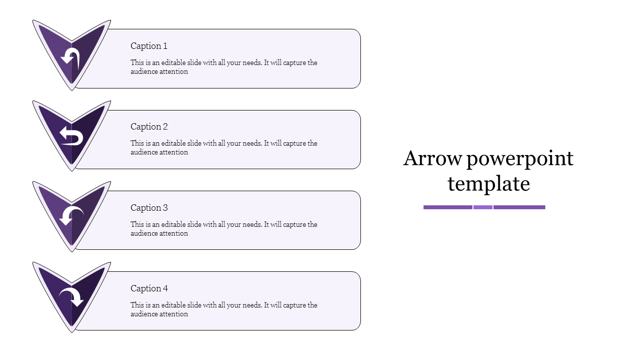 Purple split arrow PowerPoint template with caption placeholders.