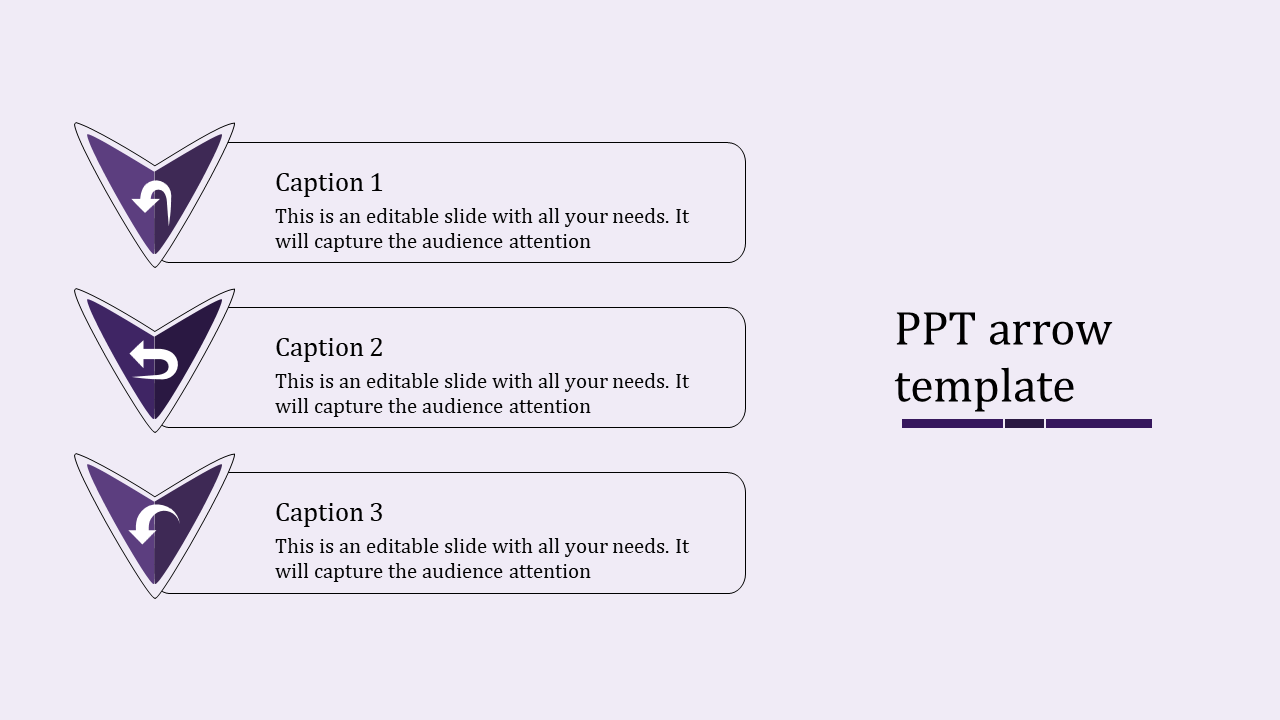 Arrow shaped infographic in purple tones, with captions placed in rectangular boxes for step by step details.