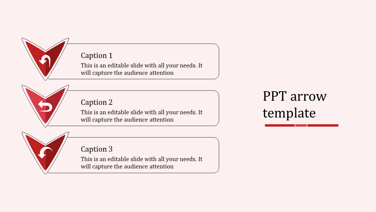PPT template featuring three red arrows with captions for each, symbolizing progression or flow with placeholder text.