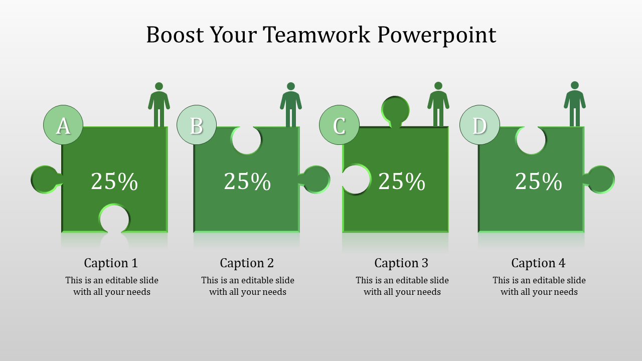 Teamwork slide with green puzzle pieces labeled A, B, C, and D, each at 25%, with figures above representing team members.