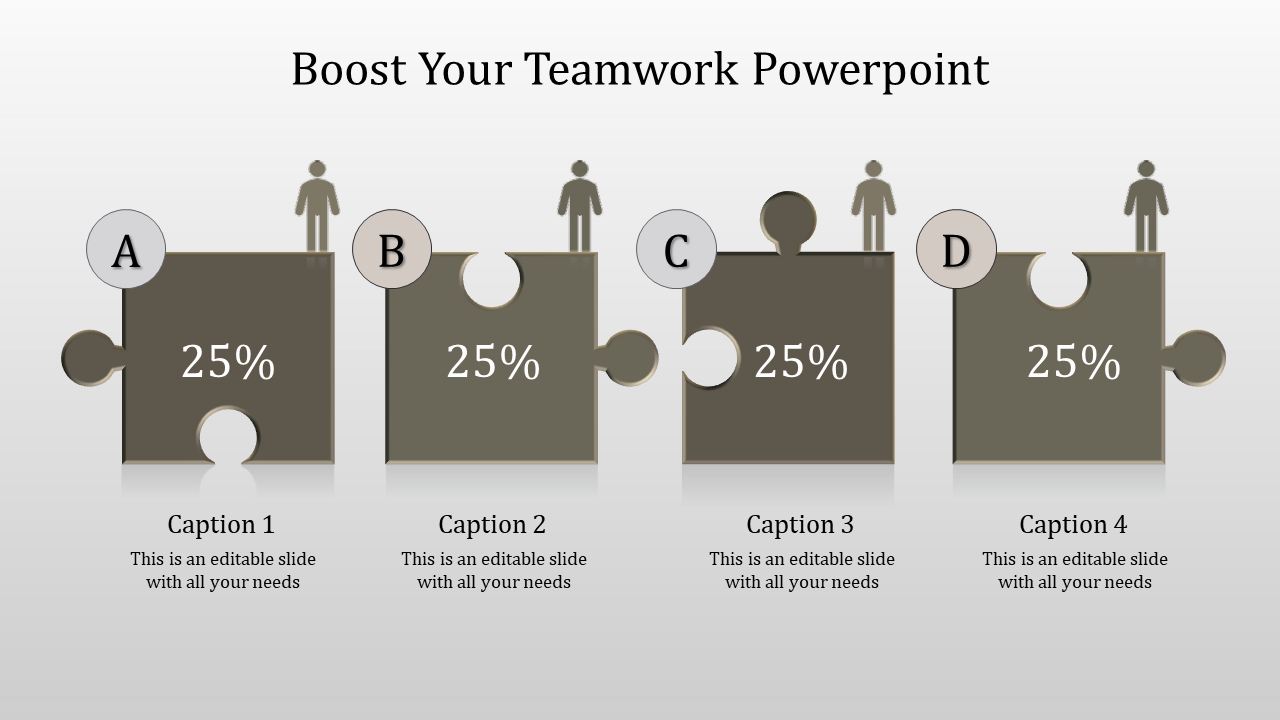 Puzzle themed teamwork graphic with four connected gray pieces, icons of people on top, and text placeholders below.