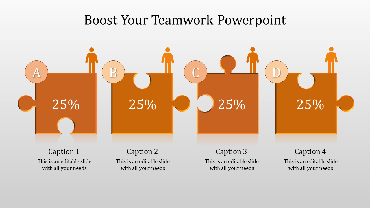 Teamwork PPT slide with four orange puzzle pieces each showing 25 percent and a person icon standing on top of each piece.