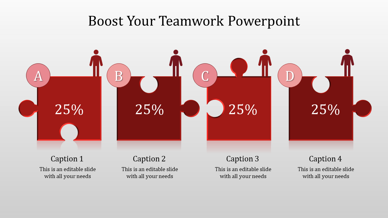 Red puzzle teamwork slide labeled A to D, each with 25% and figures on top, illustrating balanced team contribution.