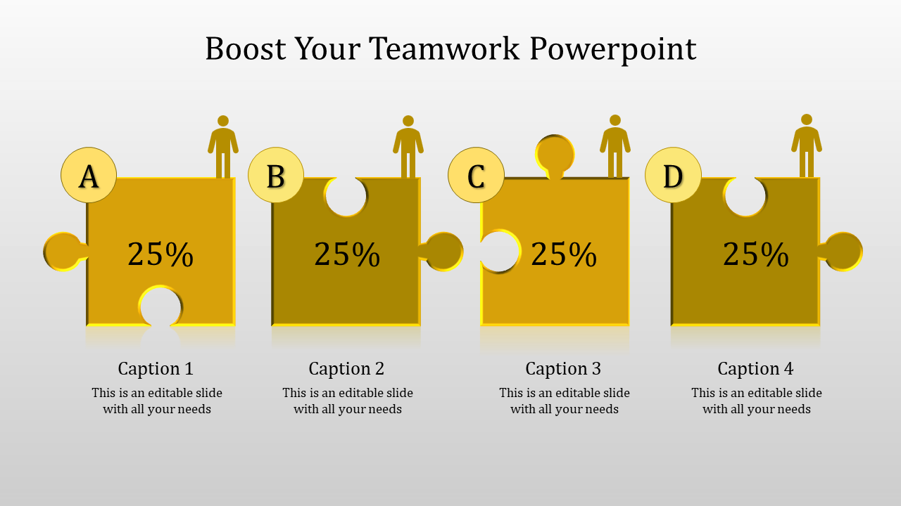 Teamwork infographic with four interlocking yellow puzzle pieces labeled A to D, each with percentage and captions below.