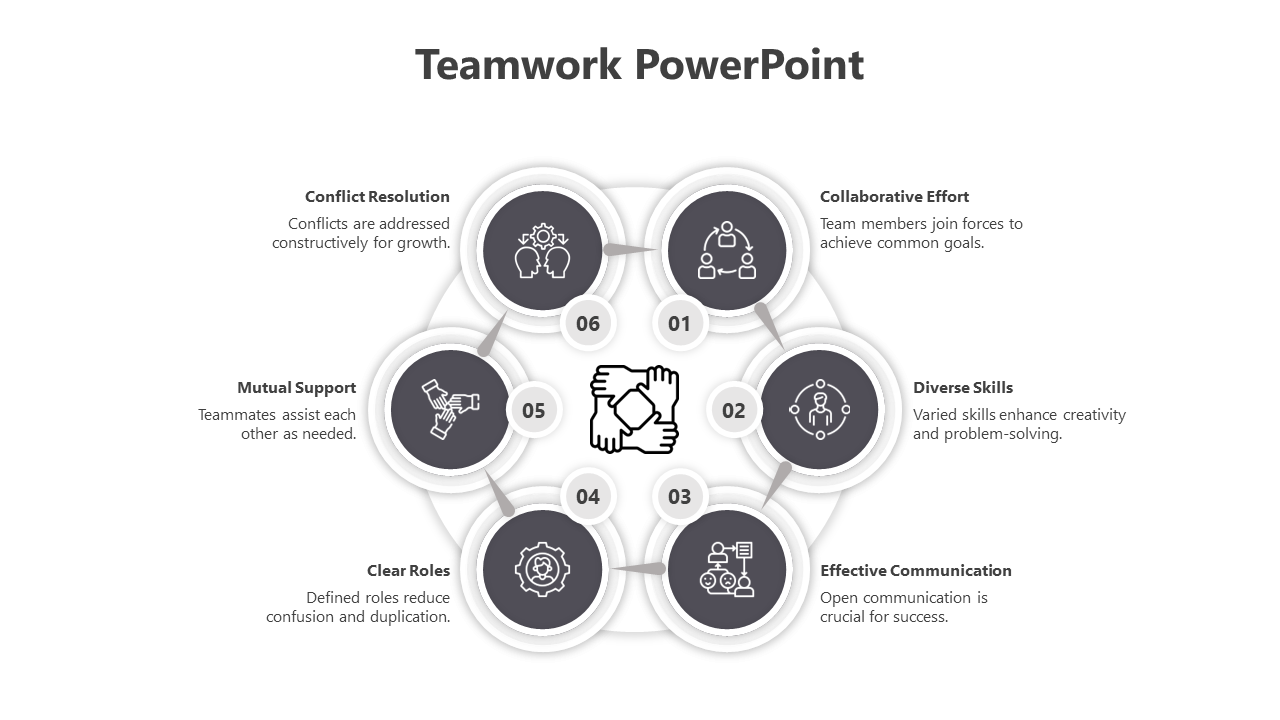 Teamwork PowerPoint template with six gray interconnected steps from conflict resolution to collaborative effort with icons.