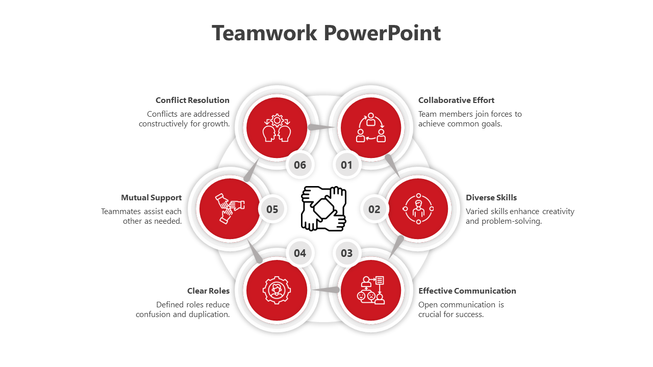Teamwork PowerPoint template with six red interconnected steps from conflict resolution to collaborative effort with icons.