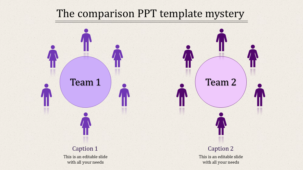 Comparison infographic with two teams represented by circles and human icons, in varying shades of purple.