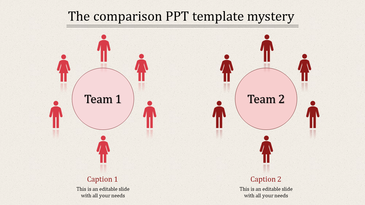 Comparison PowerPoint template displaying Team 1 and 2 with corresponding icons of people in red circles with captions.