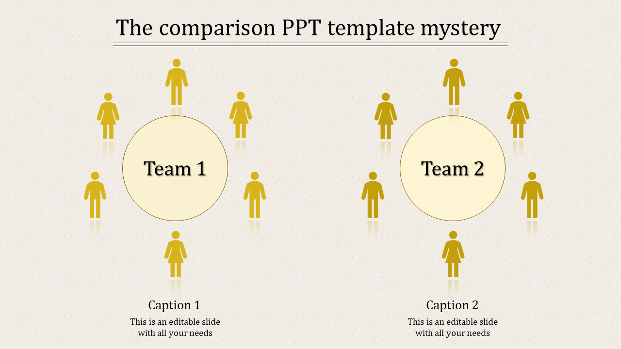 Yellow themed comparison template with Team 1 and Team 2 circles encircled by human silhouette icons.