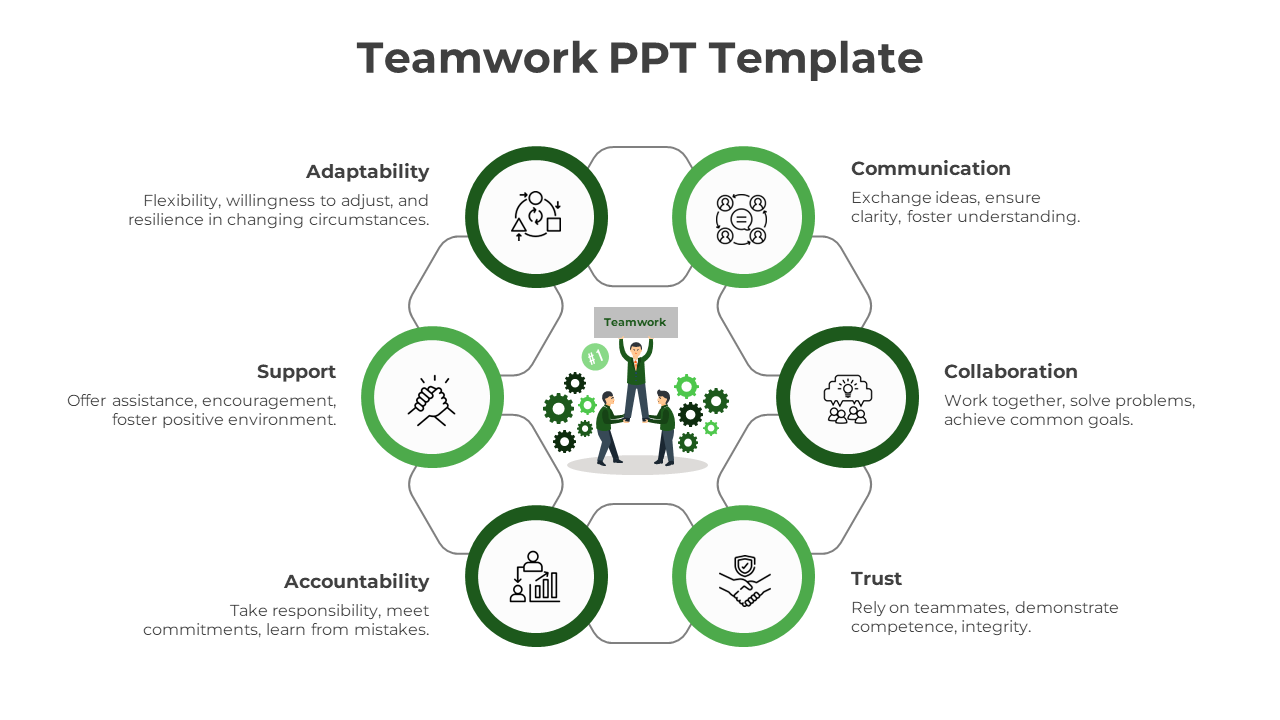 Teamwork concept featuring a hexagonal framework with green highlights, and icons surrounding a central illustration.