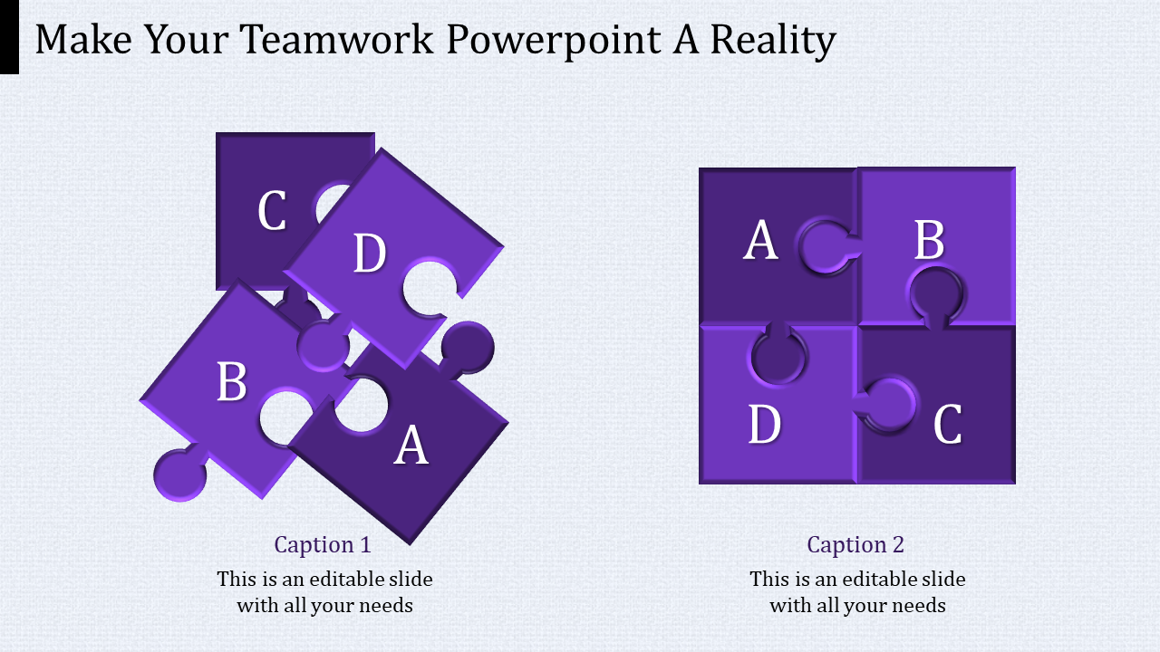 Two sets of purple puzzle pieces labeled A to D, one scattered and other assembled, illustrating teamwork concepts.