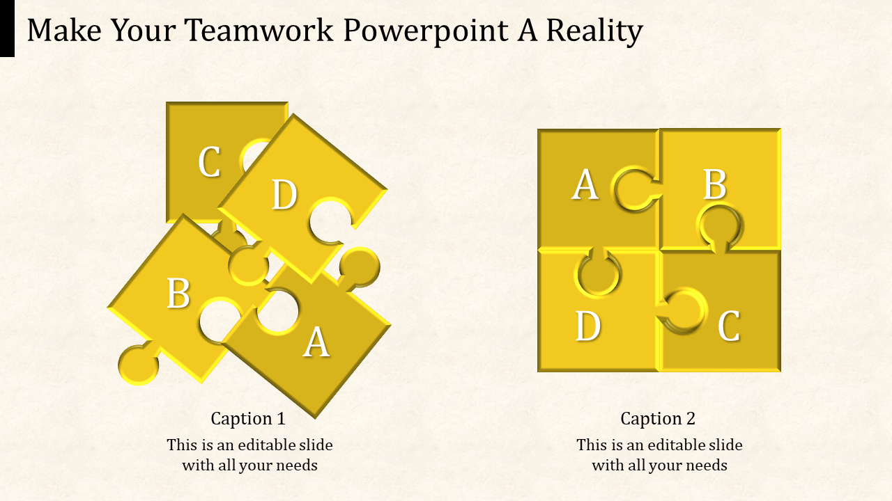 Yellow teamwork puzzle showing disorganized pieces on the left and completed square on the right labeled A to D.